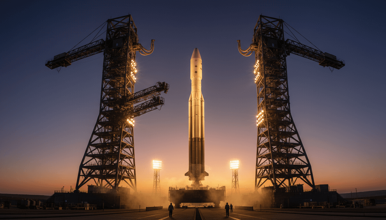 Tall rocket standing on launch pad at dawn with support structures silhouetted against vibrant pre-sunrise sky
